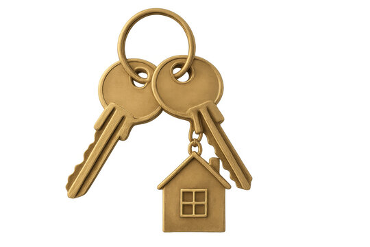 Golden house keys with miniature home keychain representing real estate, mortgage, property ownership, and security on transparent background