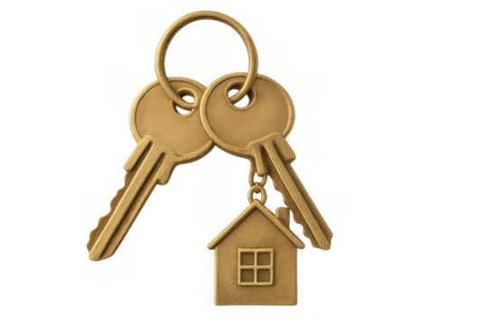Golden house keys with miniature home keychain representing real estate, mortgage, property ownership, and security on transparent background