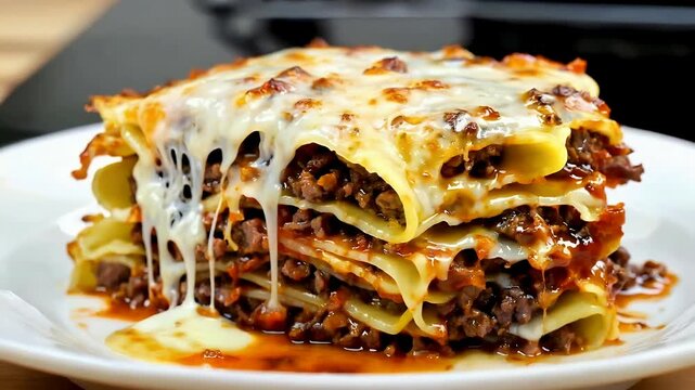 Layered lasagna with melted cheese cascading topping.