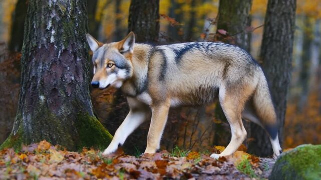 Majestic gray wolf walking through a vibrant autumn forest, captured in a candid moment of wildlife exploration