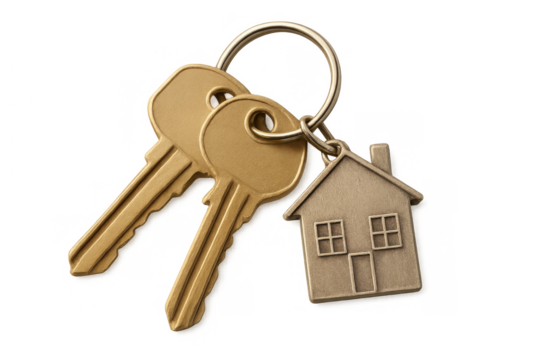 House keys with a symbolic home-shaped keychain on a transparent background, depicting concepts like buying property