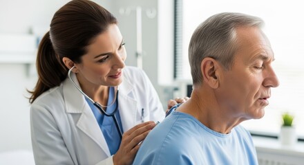 Female doctor in white coat using stethoscope on senior man in blue hospital gown, showcasing compassionate healthcare and patient-centered approach in medical setting