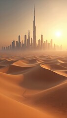 Fototapeta premium Modern city skyline rises from desert sand dunes at sunset. Tall glass skyscrapers in Middle East blur with hazy atmosphere. Urban development meets arid landscape.