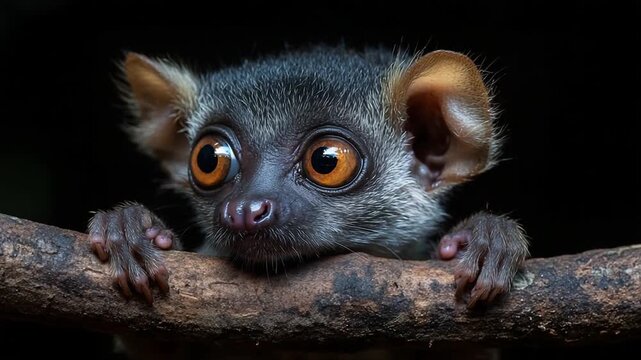 Adorable Small Bush Baby with Big Eyes Peeking Over a Branch.
