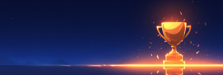 Motivational business background with a golden trophy shining on a pedestal, dynamic light effects