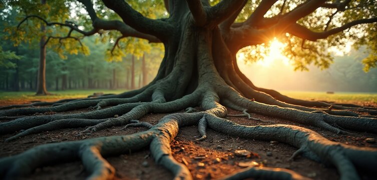 Massive ancient tree roots spread across forest floor. Sunlight illuminates gnarled twisted woody growths in woodland terrain. Majestic natural foundation grounding verdant landscape. - Powered by Adobe