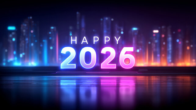 Futuristic city skyline backdrop with bright neon Happy 2026
