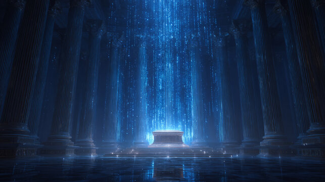 AI data temple theme, towering columns made of glowing code lines, illuminating a central altar of energy