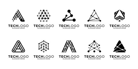 Set of letter A technology with dot connection logo design. Initial A isolated on white. Geometric abstract logo icon vector.