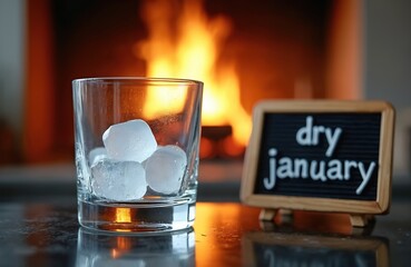 Empty glass with ice cubes on table next to dry january sign on letterboard. Fireplace with burning fire in background. Cozy winter scene promoting sobriety and healthy lifestyle.