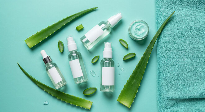 Aloe vera-based cosmetic products with blank label arranged with plant leaves on pastel mint background emphasizing natural skin treatment and botanical beauty care.
