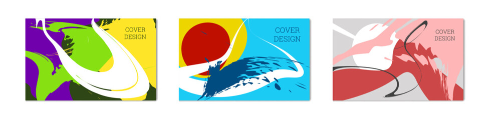 Paint strokes and geometric elements. Set of 3 multi-colored backgrounds. 