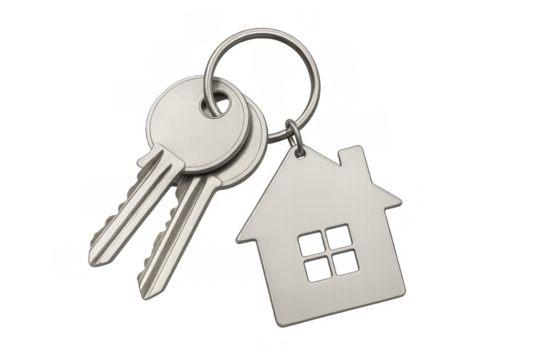 Keys holding house shaped keychain, symbolizing new home ownership, real estate market, and property investment on transparent background - Powered by Adobe