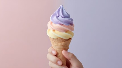 Colorful Soft Serve Ice Cream Cone Held By Hand Against Pastel Background. Sweet Treat In Vibrant Pastel Colors