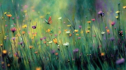 Dreamlike meadow teeming with butterflies and wildflowers in soft focus