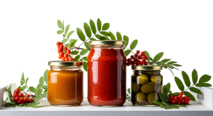 Three jars of preserves with rowan berries isolated on transparent background