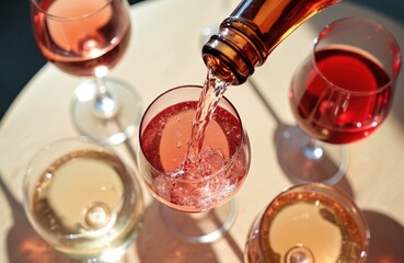 Fototapeta premium Rose wine is poured into a glass from a bottle. Several wine glasses of different colors sit on a wooden table. Friends are celebrating a festive occasion together.