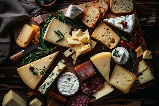 Assortment of gourmet cheese, charcuterie, and bread on wooden board