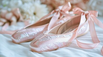 Obraz premium Elegant Pink Ballet Slippers with Ribbons on White Fabric.