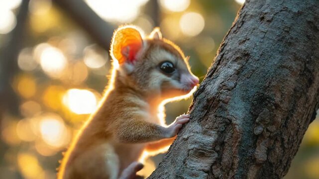 Adorable Gray Mouse Lemur Climbing a Tree in Madagascars Forest.