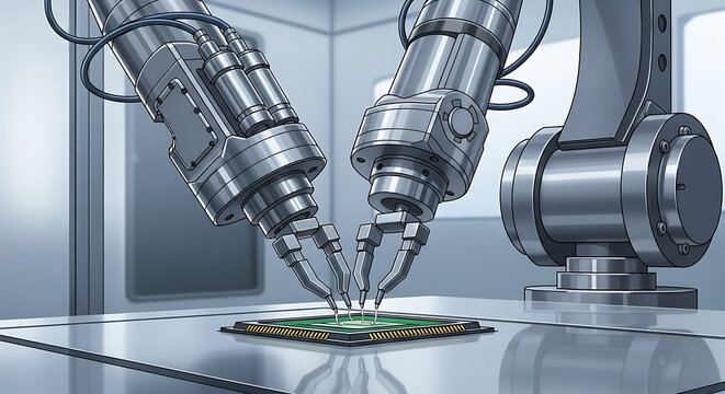Precision Robotic Arms Assembling Microchip in Advanced Cleanroom Manufacturing Facility