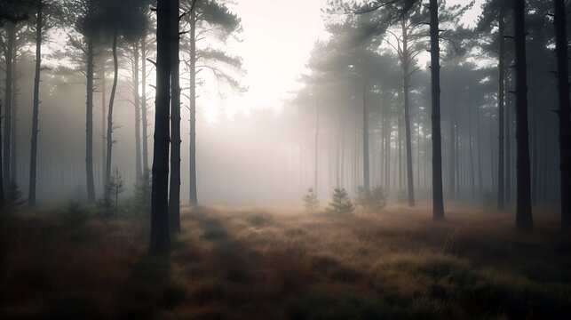 Serene morning sunlight filtering through a dense foggy forest landscape