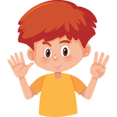 Young Boy With Red Hair And Freckles Raising Hands Showing Number Seven In Front Of White Background