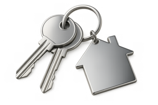 Keys and a metal house-shaped keyring symbolizing real estate, new home purchase, and securing a property. Transparent background - Powered by Adobe