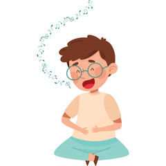 Young boy with round glasses wearing a light beige t-shirt and light blue shorts sitting cross-legged with his hands on his stomach while musical notes float above his head