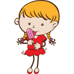 Young Cartoon Girl With Blonde Pigtails Wearing A Red Dress Happily Eating A Pink Popsicle On A Transparent Background