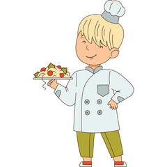 Young Chef Boy Holding a Plate of Food Smiling Happily Wearing a White Chef Uniform and Green Pants Isolated on Transparent Background