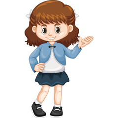 Young cartoon girl wearing blue jacket white shirt and dark skirt with brown hair and white hair bows posing with one hand up and other on hip with a smile on her face isolated on white background