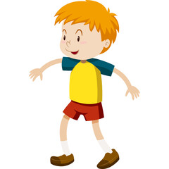Young Boy With Orange Hair Wearing A Yellow Blue T-shirt And Red Shorts And Brown Shoes White Background Dancing Joyfully