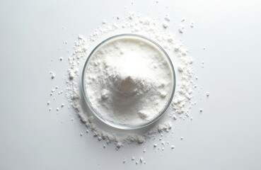 Glass petri dish holds white fine powder on clean bright background. Chemical substance spills around container. Image represents laboratory material for science, research, health, industry use.