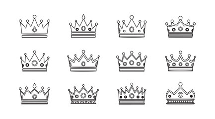 Collection of twelve hand drawn regal crown illustrations silhouette