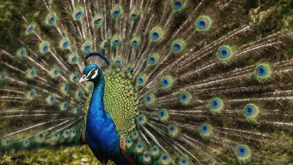 Obraz premium Magnificent peacock displaying vibrant plumage in natural habitat, stunning beauty.