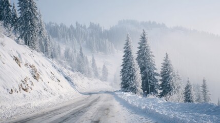Snowy Mountain Road With Frosted Pine Trees. Serene Winter Landscape In Misty Morning Light