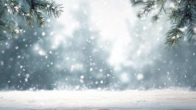 A bright snowy background with blurred white and blue tones, falling snowflakes, and pine branches at the top border, suitable for text or product display.