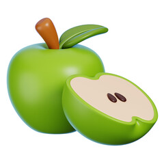 3D Green Apple with Cut in Half Isolated.