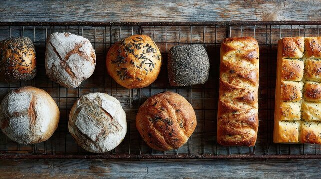 Assorted Artisan Breads On Rustic Cooling Rack. Freshly Baked Loaves Showcasing Variety And Texture