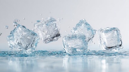 Obraz premium Ice Cubes Splashing In Water With Droplets. Refreshing And Cooling Concept For Beverages