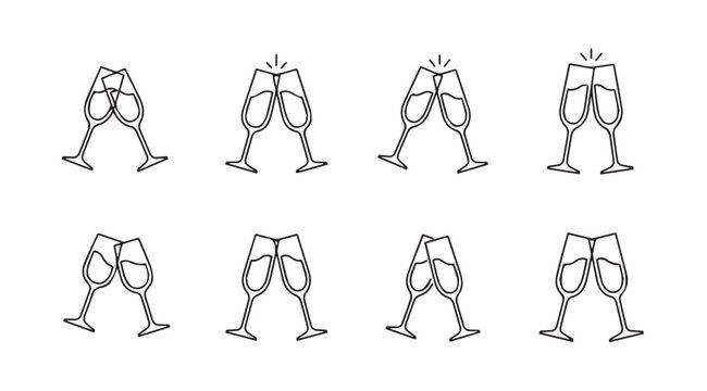 Eight champagne flutes arranged in two rows with a distinctive silhouette style