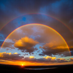 Double rainbow arching over a sunset sky with clouds and horizon view