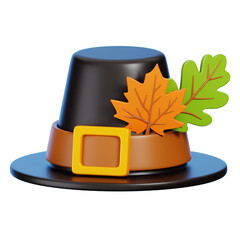 3D Pilgrim Hat with Maple Leaf Isolated. Thanksgiving Holiday Concept.