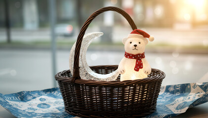 Cute Illuminated Christmas Bear in Wicker Basket with Glowing Moon Decor