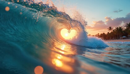 Ocean wave forms heart shape against sunset sky. Tropical beach coastline with palm trees visible in background. Sun shines through the heart wave.