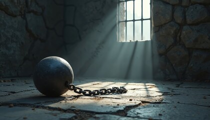 Ball and chain rest on cracked prison floor. Sunlight beams through barred window onto empty cell. Symbolizes freedom, escape, and end of captivity.