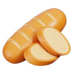 3D Baguette French Bread Whole and Sliced Isolated