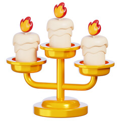 3D Brass Candle Holder with Burning Flame Isolated