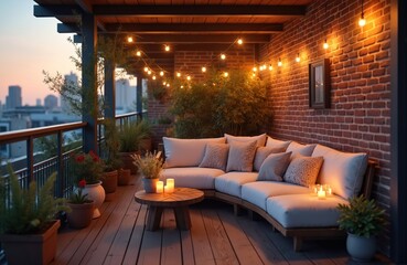 Obraz premium Cozy balcony lounge area with sectional sofa, string lights, and plants. Outdoor space with brick wall at twilight. Comfortable seating for relaxation. Cityscape view from terrace.